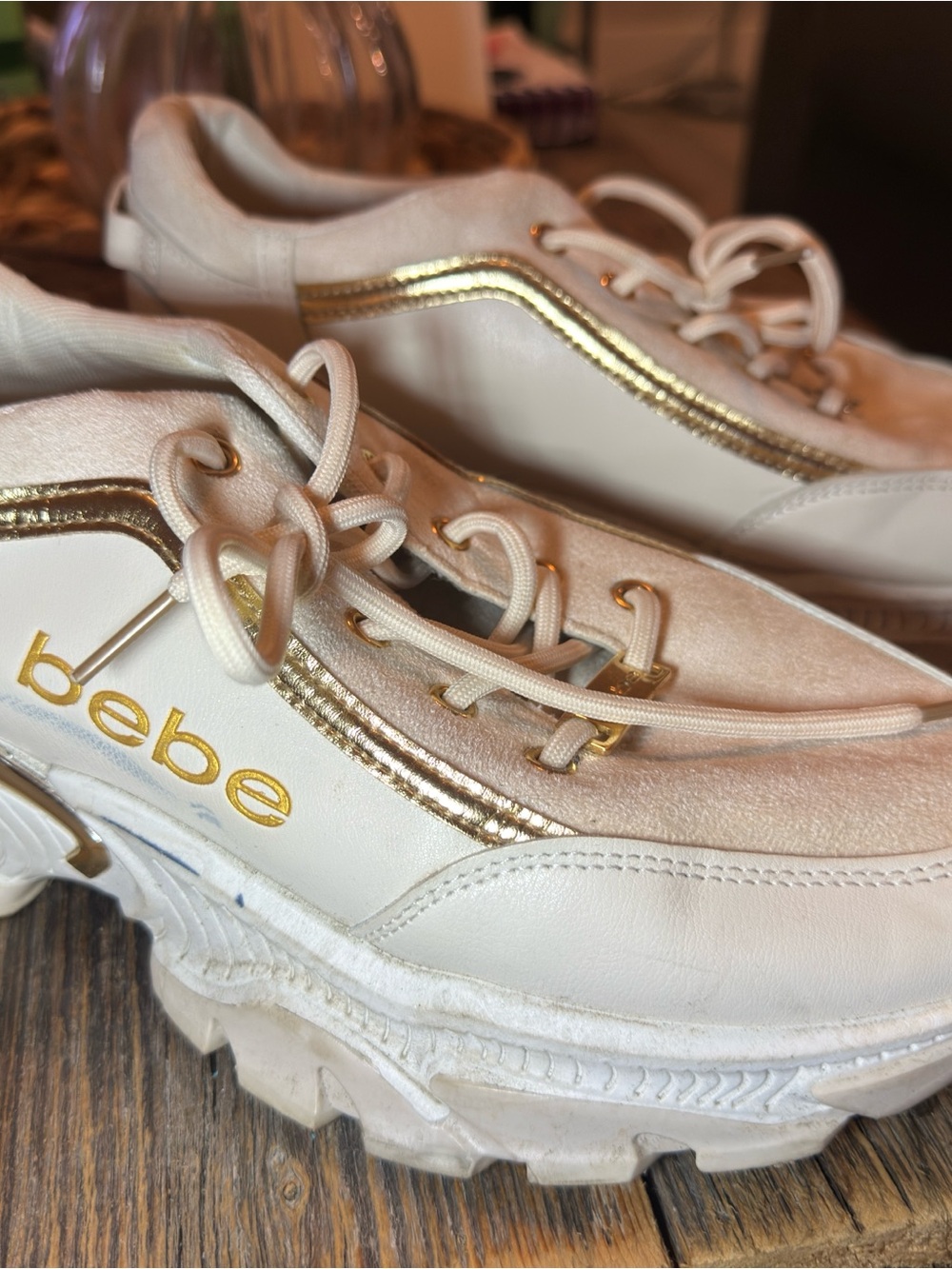 bebe White and Gold Chunky Lace-Up Sneakers